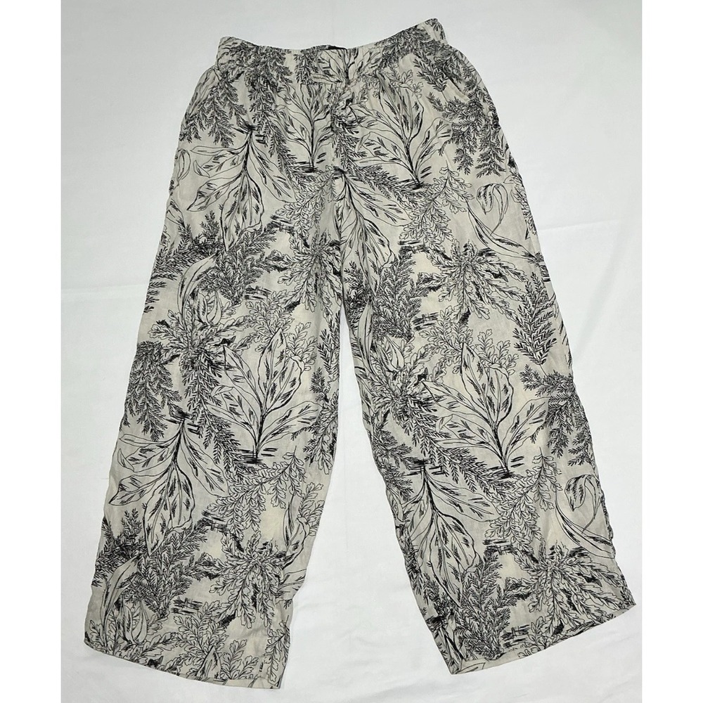 Tahari 100% Linen Pants Womens Medium Cream Floral Boho Wide Leg Summer Pull On
